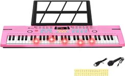 24HOCL Keyboard Pianos 61 Lighted Keys, Musical Digital Teclado Piano keyboards 100 Rhythms LCD Display for Kids Adult Beginners (Pink)