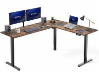 VIVO Corner Standing Desk, 75 x 63 inch Reversible L-Shaped Workstation, Electric Height Adjustment, Home, Office, and Reception Rooms, Rustic Vintage Brown Table Top Black Frame, DESK-E3CTN-75