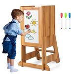 GYMAX Kids Step Stool, Wooden Kitchen Toddler Helper Stand with Adjustable Height, Chalkboard & Whiteboard, Baby Tower Lightweight Stepladder (Natural)