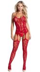 RSLOVE Women Fishnet Bodystocking Attached Stockings Sexy Lingerie Crotchless Bodysuit One Piece Babydoll One Size Red