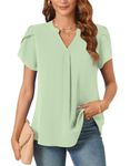Aodemo Women's Summer Chiffon V Neck Blouses Tulip Short Sleeves Dressy Tunic Office Tops Casual Loose T-Shirts M, Matcha Green