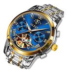 OLEVS Mens Watch Automatic Mechanical Blue Face Winding Moon Phase Stainless Steel Two Tone Date Waterproof Luminous