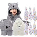 Baby Towel, Hooded Baby Towel, 8-Piece Bath Towel for Baby Boys Girls, Muslin Washcloths, Reusable Infant Wipes Set (White+Grey)