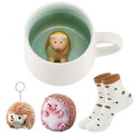 Nuenen 4 Pcs Hedgehog Gifts Including 1 Hedgehog Ceramic Coffee Mug with Handle 1 Hedgehog Fidget Stress Relief Pinch Toy 1 Hedgehog Keychain Pendant 1 Hedgehog Sock for Christmas Birthday Woman Gift