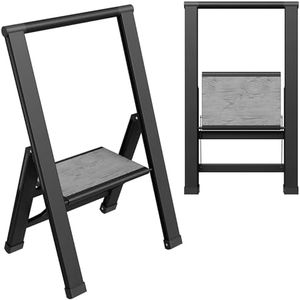 Step Ladder 4 Step Folding, Decorative - Beautiful Gray Wood & Silver Aluminum, Ultra Slim Profile, Anti Slip Steps, Sturdy-Portable for Home, Office, Kitchen, Photography Use,by SORFEY