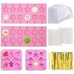 FULANDL 4Pack Silicone Lollipop Molds, Round Trays, Cherry Blossoms, Heart Chocolate Hard Candy Mold with 760Pcs Gold Ties, 200Pcs Lollipop Sticks, 100Pcs Lollipop Bags