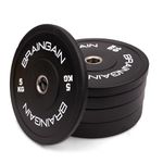 BRAINGAIN Olympic BLACK Bumper Plates 100kg Set, 2" Solid Rubber Weight Plates for Barbell Strength Training and Weight Lifting