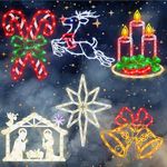 16" Christmas Window Silhouette Lights Decorations - 6 Pack Colour Lighted Reindeer ＆ Bethlehem Star ＆ Nativity ＆ Candle ＆ Candy Cane ＆ Bell for Holiday Wall Door Window Decorate