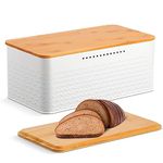 Pitmoly Bread Box, Metal Bread Container with Bamboo Lid, Bread Storage Container for Kitchen Countertop, Large Modern Bread Bin 13" x 7" x 5.3" (White)