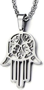 COOLSTEELANDBEYOND Hamsa Mano de Fátima, Protección Colgante, Collar de Mujer de Homre, Acero Inoxidable, Cadena 51CM