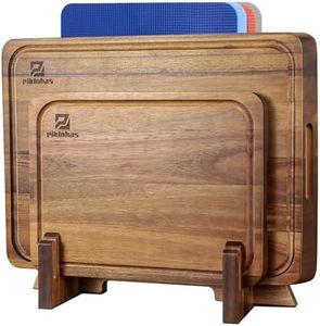 Piklohas Large Wooden Chopping Board Set for Kitchen, 2 Acacia Wood Cutting Boards, 4 Plastic Mats, Ideal for Carving Meat, Cutting Vegetables, Cheeses and Bread, with Juice Groove and Handle Hole