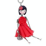 Enamel Cute French Doll Necklace with Fabric Dress Pendant - Various Designs (Red Dress)