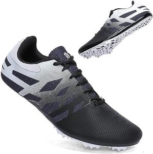THESTRON Men Women Kids Track and Field Shoes Professional 8 Spikes Running Racing Sneakers Breathable Lightweight Sprinting Shoes (11,Black White)