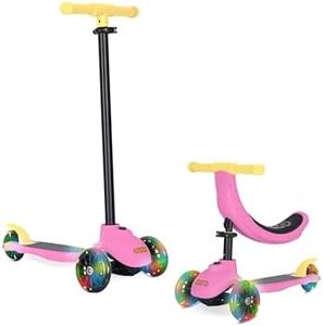 KRIDDO 5-in-1 Kids Kick Scooter, Lean-to-Steer, Toddler Toy Scooter with Adjustable Height, 3 Lighted Wheels, Ideal for Indoor & Outdoor, Gift for Kids Ages 1-5 Years, Pink
