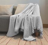 KyraHome 100% Organic Cotton 55"x60" Throw Muslin Blanket for Couch Adult with Fringe, Pre-Washed Plant-Hand Dyed, Breathable, Soft, Lightweight Summer Blanket, All Season (Light Grey)