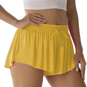 Flowy Athletic Shorts for Women Running Tennis Butterfly Shorts Girls 2-in-1 Double Layer Quick-Drying Comfy Shorts (Yellow, Medium)