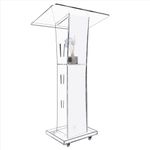 Vakiorn Acrylic Clear Podium Stand with 4 Wheels, 43” Pulpit for Churches with 15 Colors Adjustable, Modern Lectern with Storage Shelf for Classroom, Conference, wedding and more