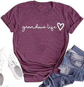 Grandma Shirt Women Casual Grandma Life Heart Printed T-Shirt Funny for Grandma, Purple, Large