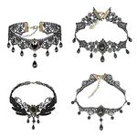 LOOPES 4pcs Gothic Necklace Set Lace Vintage Choker Halloween Black Necklaces Victorian Lace Choker Necklace Women Costume Accessory for Girls Adults World Book Day Masquerade Carnival Decor