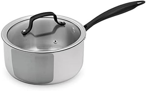 GrandTies Full-Clad Tri-Ply Stainless Steel Sauce pan Induction Cookware – 3 QT Stainless Steel Pot, Marquina Black Metal Handles Kitchen Cooking Pot with Lid, Dishwasher Safe Pots and Pans