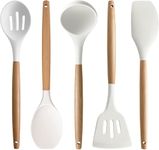 Silicone Spatula Set for Kitchen with Wooden Handle | Non-Stick Silicon Cooking Utensils Set | Spatula Cooking Tools | BPA Free | Kitchen Tools Set (Set of 5 Cream)