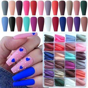 LoveOurHome 576pc Matte Coffin Press on Nails Long Ballerina Fake Nails Full Cover Colored Artificial False Fingernails French Tips Acrylic Manicure Decor 24 Colors with Case for Women Teen Girls