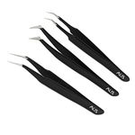 Alis Crafts Precision Anti-Static Black ESD Tweezers set for Soldering Mobile Phone Repair | Swiss Antimagnetic Tweezers 3 Pcs Kit (Black Coated)