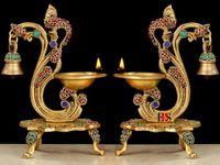 B.B.S BRASS BRAND STATUES Diya Brass Peacock Hanging Set of 2 Oil Lamp with Stone Disinge Deepak Peacock Hanging with Table Standing Set of 2 Diya Hanging Peacock Oil Lamp Brass Home Decoration