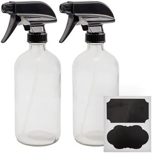 Cornucopia 16oz Clear Glass Spray Bottles w/Chalk Labels (2 Pack); Boston Round Bottles with 3-Setting Adjustable Heavy Duty Sprayers