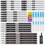 30PCS Extended T-Shank Jig Saw Blade Set Includes 5 Each of T127D T101BR T301CD T304DL T344D T744D Compatible Bosch DEWALT Makita SKIL Porter Cable Ryobi Woodworking JigSaws with 420D Zipper Bag