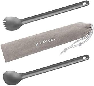 Navaris Long Handle Titanium Spork and Spoon - 8.4" (21.5cm) Long Metal Cutlery Set for Backpacking and Camping - Strong Lightweight - Includes Bag