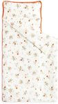 Wake In Cloud - Toddler Nap Mat with Pillow and Blanket, 100% Cotton Fabric, for Kids Boys Girls in Daycare Kindergarten Preschool, Orange Floral on Beige