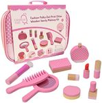 Teamson Kids Wooden Pretend Makeup Set with Pretend Cosmetics, Accessories & Carrying Bag - Kids Dressing Make Up Playset for Girls, Pink