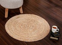 SASHAA WORLD Jute Rugs Handcrafted,Woven & Reversible Design Jute & Cotton Braided Round Carpet Door Mats,Natural (90 cm, Beige)