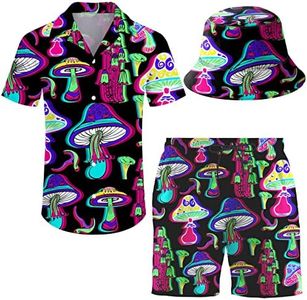 ifamawlea Men's 2 Piece Tracksuit Hawaiian Shirt Shorts Button Down Shirt and Shorts Sets with Bucket Hats, Mushroom, Large