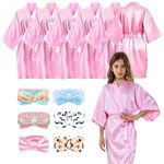 Anzices Girls Spa Robe, Set of 12 Pink Satin Kimono Bathrobes with Skincare Headbands for Salon Wedding Birthday Party Supplies - Tag Size 12