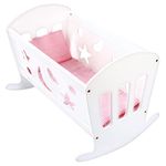 Bino 83699 White Dolls Cot. Wooden Crib with Mattress, Pink Linens, Blanket and Pillow. Size Approx. 49x37x36 cm, Multicolour