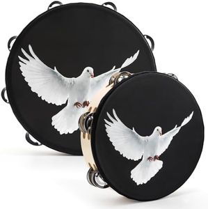 Elsjoy Set of 2 Church Tambourines, 10" and 8" Black Dove Tambourines with Double Row Jingles, Wooden Handbell Hand Clap Drum Percussion Instrument for Church Choir