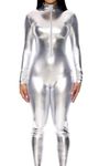 Forplay Women's Metallic Zip Front Mock Neck Catsuit, Silver, Medium/Large