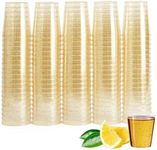 MATANA 100 Pack Clear Plastic Shot Glasses Gold Glitter 2 Oz - Sturdy & Reusable - Jello & Tequila Shots, Sample Tasting Cups - Birthdays, Weddings, Christmas, BBQ, Parties