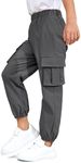 HOOGRIN Girls' Pull On Cargo Pants Cotton with Pockets Elastic Waist Trousers for Boys Kids,Dark Gray,8-9 Years