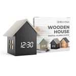 Driini Digital House-Shaped Alarm Clock with Temperature Display (Dark Wood) – Modern Aesthetic with Cute Cube Frame and White LED Dimmer - Perfect Small Desk Clock for Bedside Table or Bedroom Mantle