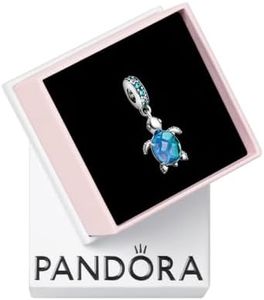 PANDORA Murano Glass Blue Sea Turtle Dangle Charm - Compatible with PANDORA Moments - Jewelry for Women - Gift for Women - Made with Sterling Silver & Man-Made Crystal - With Gift Box