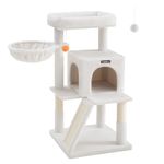 Feandrea Cat Tree, Small Cat Tower with Widened Perch for Large Cats Indoor, Kittens, 96 cm Multi-Level Cat Condo, Scratching Posts and Ramp, 2-Door Cat Cave, Cat Basket, White UPCT051T01