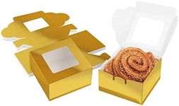 BELLE VOUS 50 Pack Gold Paper Kraft Single Bakery Pastry Boxes with Windows - 10.16 x 10.16 x 5.7cm/ 4 x 4 x 2.24 inches - Disposable Packaging Boxes for Cookies, Cup Cakes, Desserts, Pies & Gifts