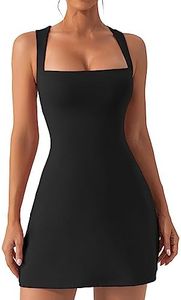 QINSEN Women's Square Neck Bodice Dress Sleeveless Tank Top Stretch Flare Mini Dresses, Black, Medium