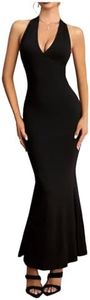 winkbay Women's Halter Deep V Neck Bodycon Dress Ruched Fishtail Backless Cocktail Maxi Dresses Black Small