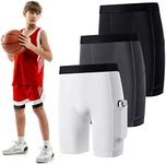 Handepo 3 Pack Youth Boys Compression Shorts with Side Pockets Performance Base Layers Athletic Underwear Workout for Kids (Large), Black, White and Gray