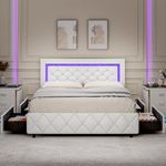 Queen Bed Frame with LED Lights, Upholstered Bed Frame with 4 Storage Drawers, Princess Platform Bed with Diamond Headboard and Footboard, No Box Spring Needed, White