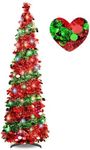 5FT Pop Up Christmas Tree with 90 Colorful LED Lights 8 Modes Tinsel Artificial Christmas Tree Collapsible Pencil Small Christmas Tree for Indoor Home Holiday Christmas Party Decorations(Red/Green)